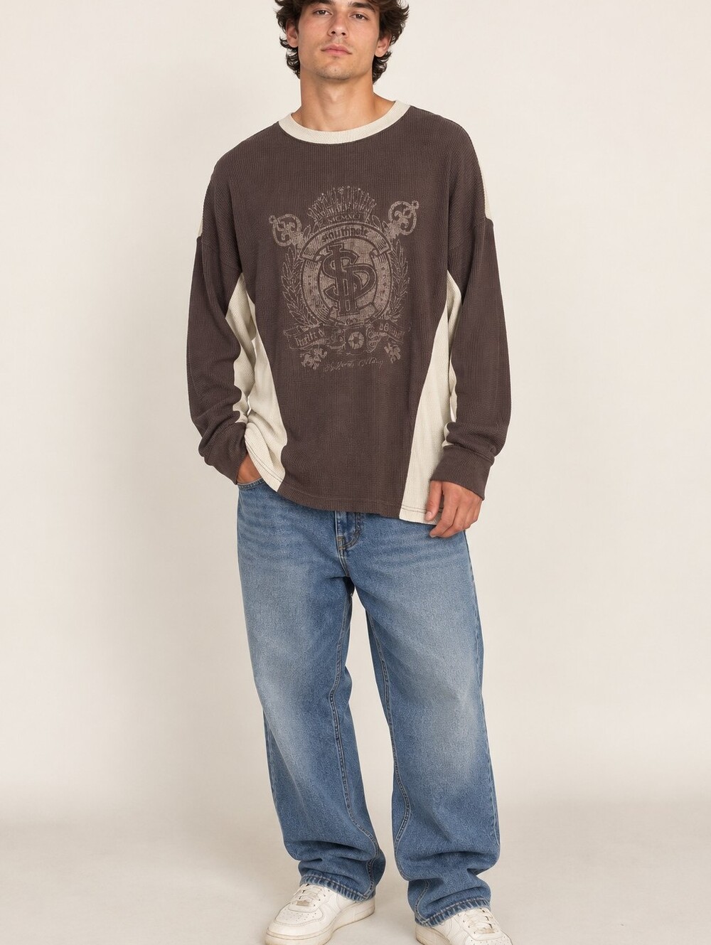 Y2K Southpole XL Brown Thermal Shirt Colorblock Graphic Sequin Streetwear - Picture 1 of 12